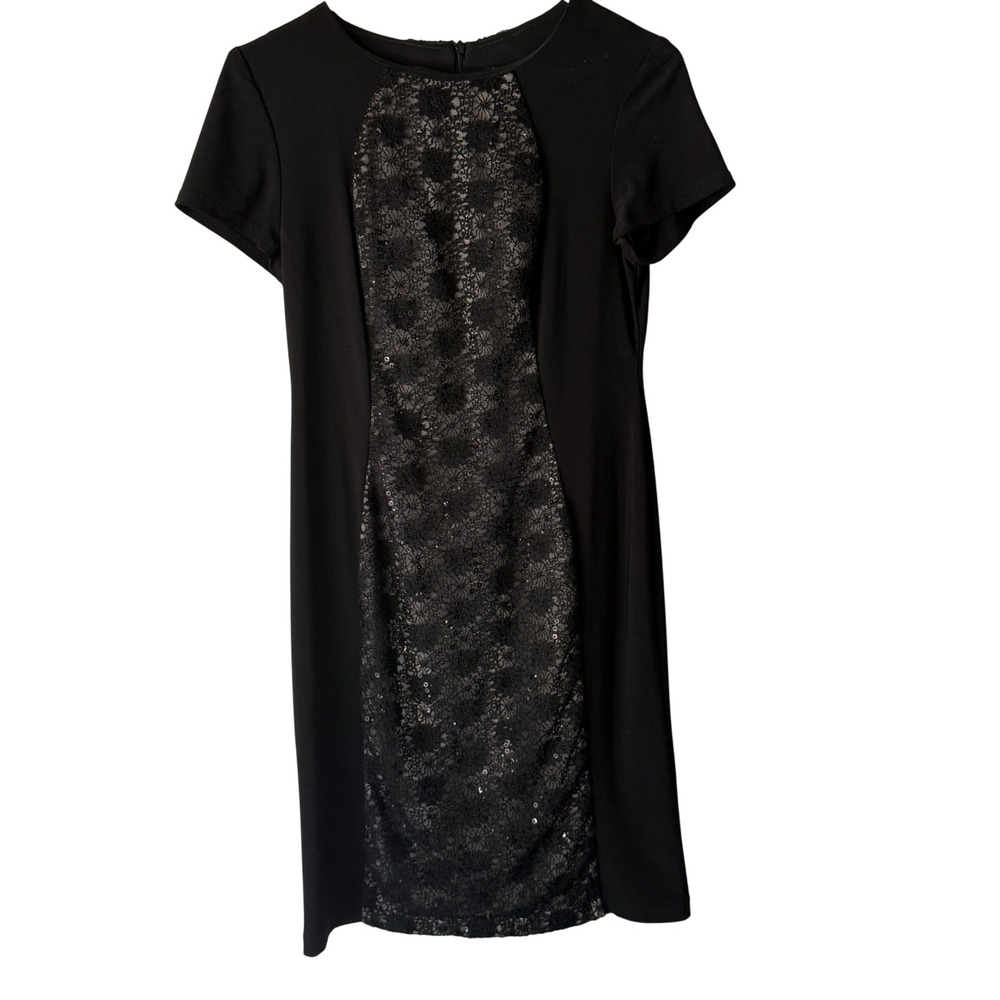 Dressbarn Y2k Black Lace Sequin Sheath Short Sleeve Dress Grunge Goth Party‎